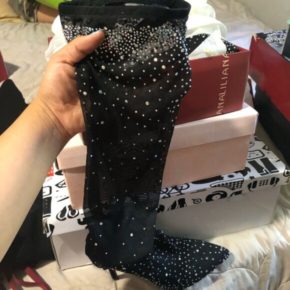 Fashion Nova Rhinestone thigh high 7 boots -worn once indoors - Picture 1 of 12